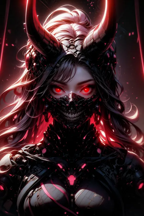 a woman with horns and red eyes in a dark background