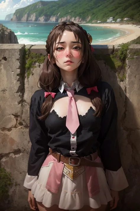 masterpiece, best quality, (camera angled down), (looking down view), has an embarrassed expression, (blushing:1.2), yunyun1, portrait of yunyun, portrait of an 18 year old female, (petite:1.3), red eyes, beach background, (pale skin:1.3), braid, long hair, thighhighs, skirt, pink necktie, belt, hair ornament, black hair, hair bow, crown braid, brown hair, twintails, Absurdres, hdr, ultra detailed illustration, (extremely detailed face:1.4), RAW photo, film grain, skin pores, <lora:yunyun_v1:0.7>