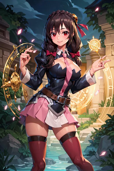 <lora:Iota_v3:0.8>, ((masterpiece,best quality)), yunyun1, 1girl, red eyes, solo, thighhighs, necktie, skirt, braid, long hair, pink necktie, large breasts, belt, hair ornament, black hair, hair bow, crown braid, long sleeves, brown hair, twintails, <lora:yunyun_v1:0.6>, spell, magic circle,smile