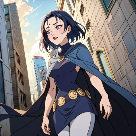 a close up of a woman in a cape and a city