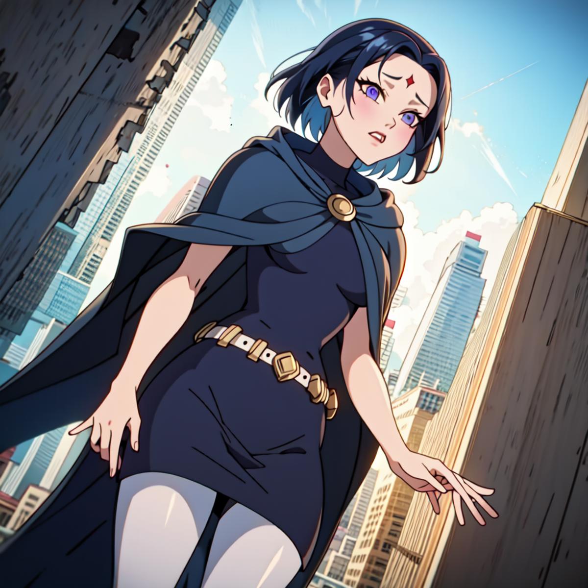 Anime girl in a black dress and cape walking down a city street SeaArt AI