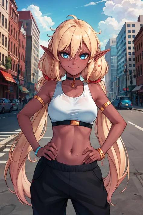 masterpiece, best quality, evangeline, twintails, choker, black crop top, sweatpants, looking at viewer, city street, smile, clo...