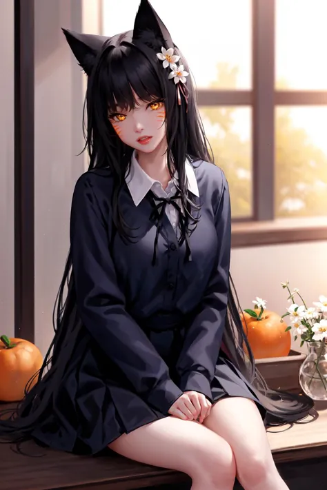 1girl, animal_ears, artist_name, bangs, black_hair, black_skirt, blue_ribbon, blurry, blurry_background, collared_shirt, facial_...