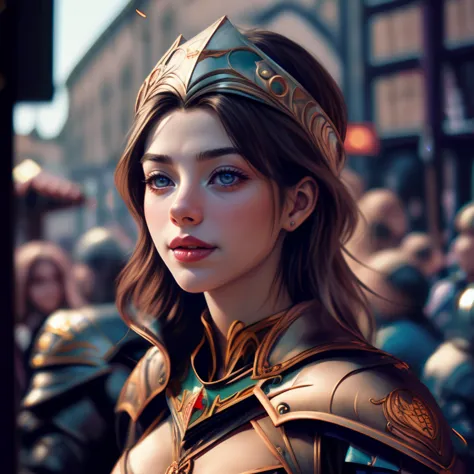 a close up of a woman in armor with a crowd of people behind her