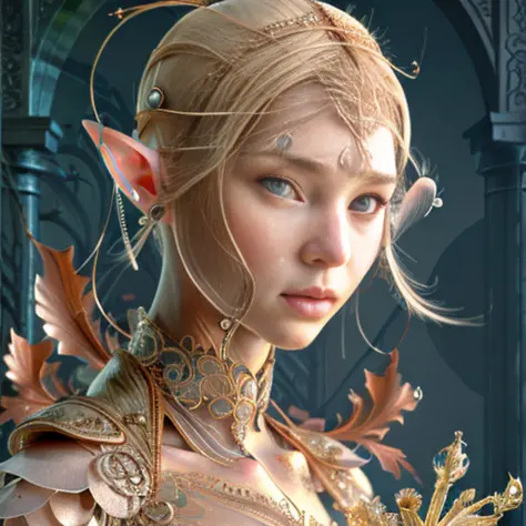 portrait of female elf, intricate, elegant, highly detailed, digital painting, artstation, concept art, smooth, sharp focus, illustration, art by artgerm and greg rutkowski and alphonse mucha, 8k