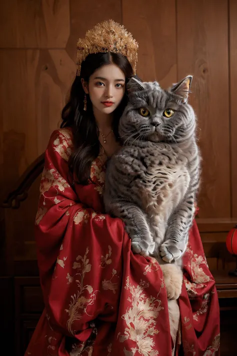 araffe with a crown and a cat in a red dress