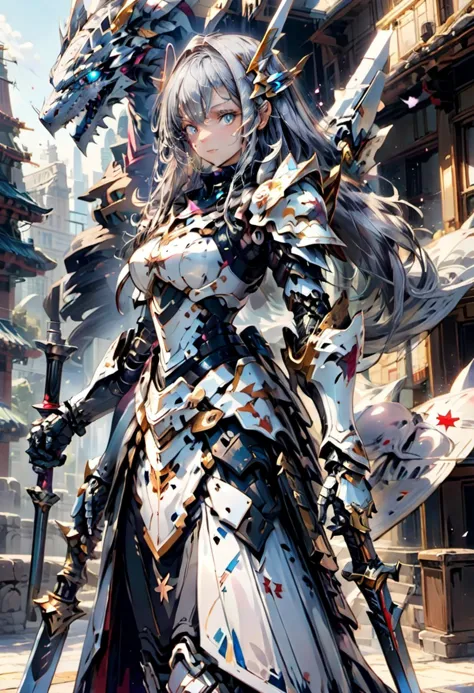 mecha,masterpiece, kawaii, anime, aesthetic, extremely beautiful, girl, silver gloves,,solo, standing, holding sword, looking at viewer, close up, silver hair, straight hair, long hair,  star  eyes, determined, serious, holy knight, armor dress, before  dragons  