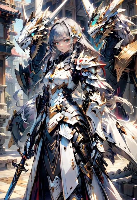 mecha,masterpiece, kawaii, anime, aesthetic, extremely beautiful, girl, silver gloves,,solo, standing, holding sword, looking at viewer, close up, silver hair, straight hair, long hair,  star  eyes, determined, serious, holy knight, armor dress, before  dragons  