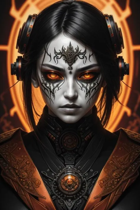 a close up symmetrical portrait of a cyberpunk gangster, biomechanical, mshn robot, splashes of orange red, hyper realistic, intricate design, (insanely detailed:1.4), (extremely fine details:1.35), Extremely sharp lines, steel, cinematic lighting, Photore...