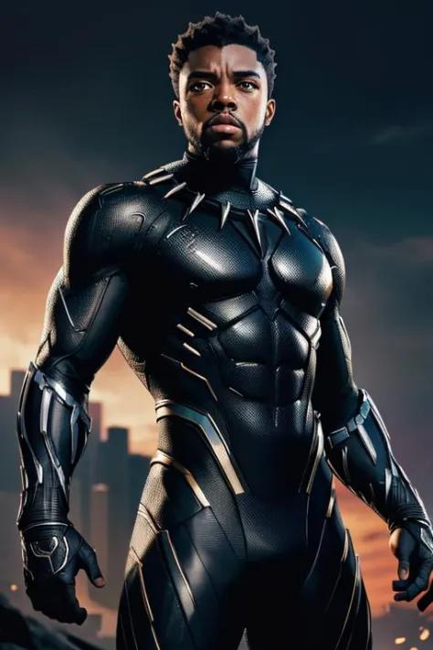 (8k, RAW photo, best quality, masterpiece:1.2), ultra detailed, official art, photo-realistic:1.37, upper body shot, marvel Black Panther, film grain, action pose