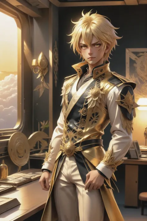 anime style, golden sunrise, full body, character concept art, (full body:1.2), 1boy, man, ruggedly handsome, solo, [:epic costu...