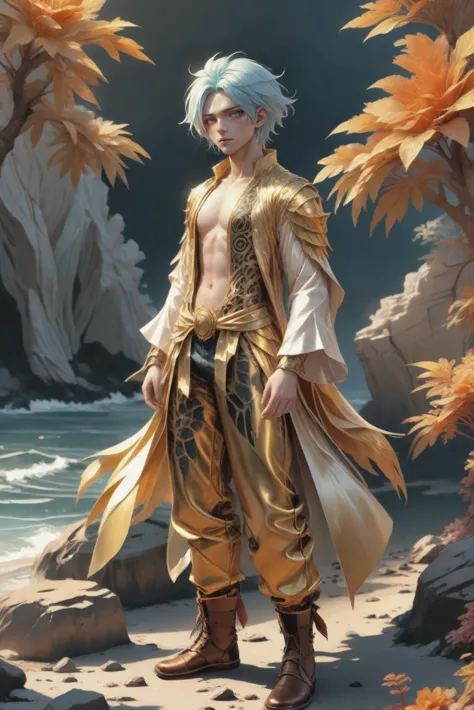 anime style, golden sunrise, full body, character concept art, (full body:1.2), 1boy, man, masculine, solo, [:outlandish costume...