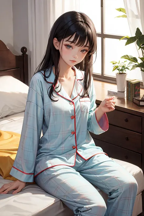 shuiyi,pajamas,1girl,plaid pajamas,solo,beige pajamas,<lora:shuiyiv3-lion:0.6>,<lora:GoodHands-vanilla:1>,