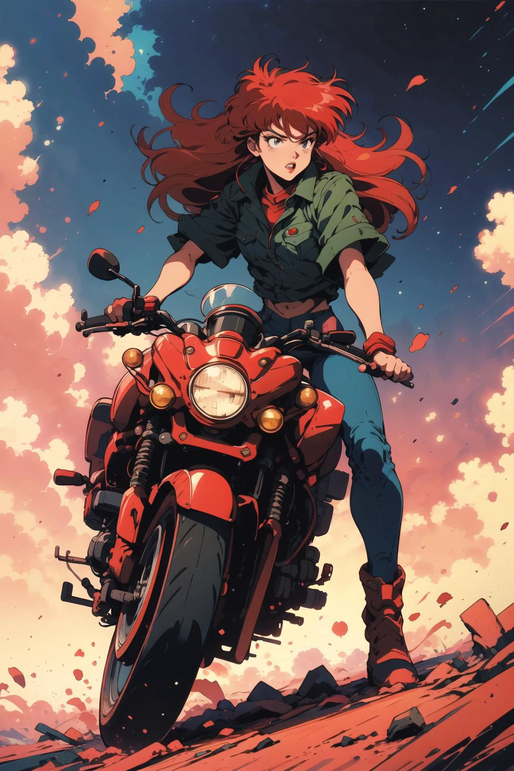 Плакат с Сорю Аской Лэнгли, едущей на мотоцикле, красные волосы, концептуальное искусство,  ретро аниме, динамичная поза, комикс, Фантазия,