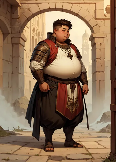 a male teenager with medieval clothing (fat:1.1), obese,
brown eyes, brown hair, short hair, dnd a character profile
<lora:derpd...