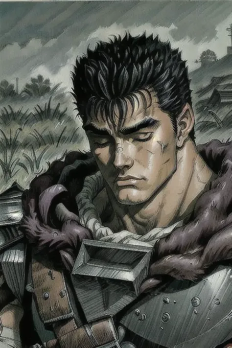 guts \(berserk\), tree, open field, symbolism,  one eye closed, male focus, manly, scar, bandages, retro anime, textured