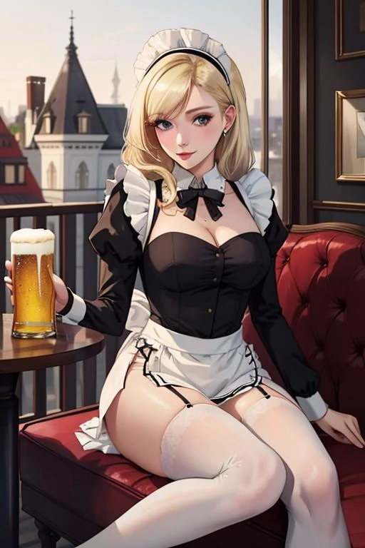 فتاة شقراء,عقد البيرة,في شرفة مطعم فاخر,زي خادمة قصر روسوال,الفخذين البيضاء,