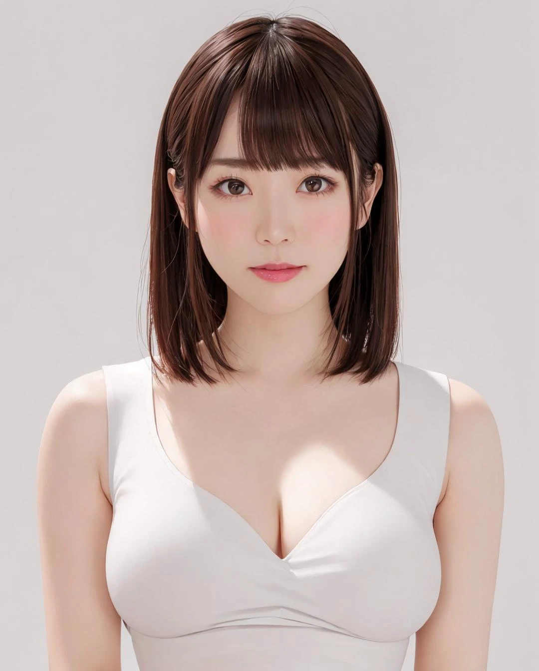 best quality, photorealistic, 8k, high res, 1girl, woman, (skindentation), (portrait:0.6), gorgeous, ((whitebackground:2.4)), ((sleeveless white tshirt, smallsize round breast:1.9)), straight-looking at viewer:1.8, (1girl eyes looking at viewer, short-length hair,  brownhair, partedbangs:1.65), photorealistic, (bokeh), (closed mouth:1.96), gorgeous, pureerosface_v1,  