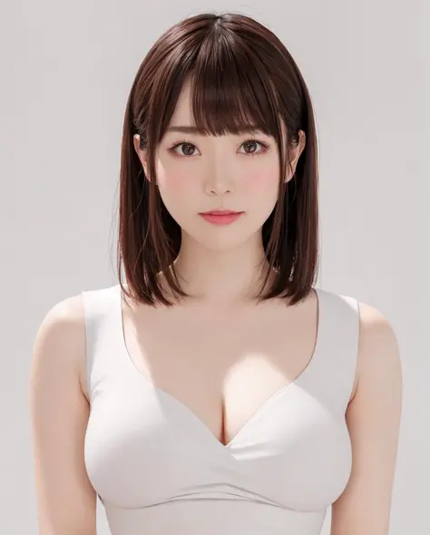 best quality, photorealistic, 8k, high res, 1girl, woman, (skindentation), (portrait:0.6), gorgeous, ((whitebackground:2.4)), ((sleeveless white tshirt, smallsize round breast:1.9)), straight-looking at viewer:1.8, (1girl eyes looking at viewer, short-length hair,  brownhair, partedbangs:1.65), photorealistic, (bokeh), (closed mouth:1.96), gorgeous, pureerosface_v1,  <lora:AVID-miura:0.75>