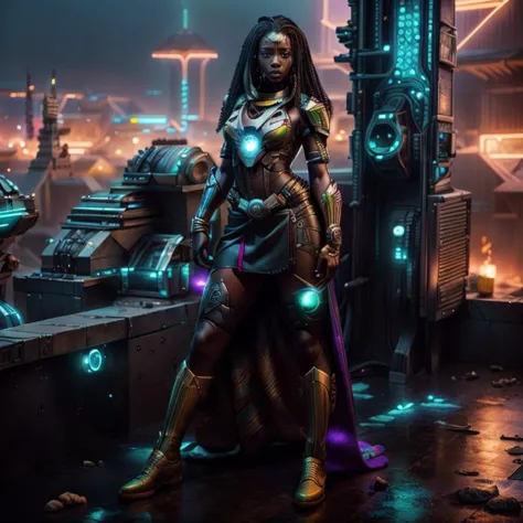 a woman in a futuristic outfit standing in front of a futuristic city