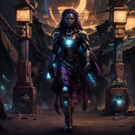 a woman in armor walking through a dark city