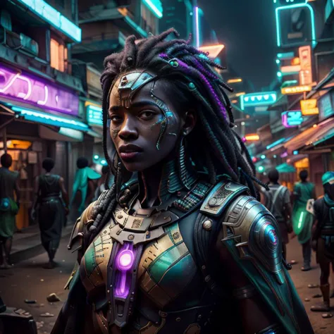 1girl, age:30, african, medium hair, holding a sword, futuristic african city in the background, superhero, purple and green superhero armor, highest quality, ultra quality, ultra sharp, vibrant colors, full body portrait, looking at camera, 8k, UHD, DSLR, <lora:cyber_africa:0.8> cyber_africa, <lora:last:0.8>, ((highly detailed hair))