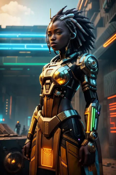 cyber_Afrika, cyberpunk, Afrofuturismus, retrofuturistisch, realistisch, digitales Leben, Cyborg (Meisterwerk:1.3), (beste Qualität:1.3), Schön, (komplizierte Details), Einheit 8k Hintergrundbild, Extrem detailliert, Schön, ästhetisch, Perfekte Beleuchtung, 