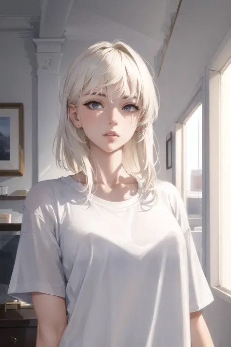 masterpiece, high quality, sharp focus, 1lady, a canadian woman, platinum blonde hair, oversized tshirt, perfect face, perfect jawline, textured skin, beautiful lips, upper-body shot, cold lighting, cool atmosphere, 8k, uhd, absurdres