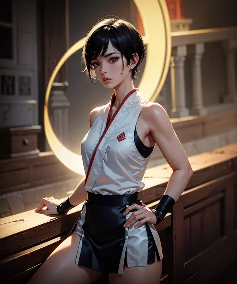 masterpiece, high quality, sharp focus, a martial artist girl, wearing kung fu attire, short black hair, tomboy buzz haircut, pe...