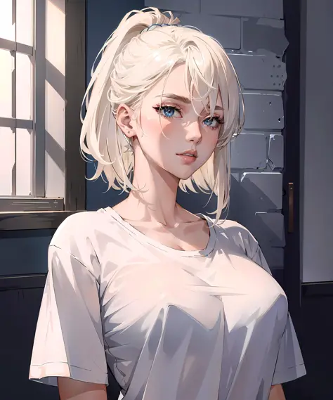 masterpiece, high quality, sharp focus, 1lady, a canadian woman, platinum blonde hair, oversized tshirt, perfect face, perfect j...