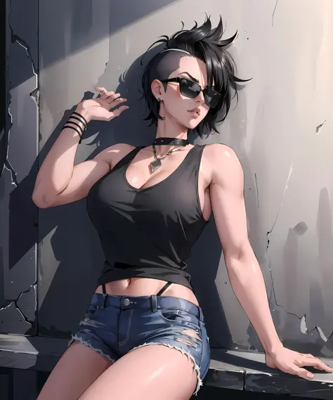 masterpiece, high quality, sharp focus, a goth woman, black hair, mohawk haircut, wearing a tank-top and ripped jeans, sunglasse...