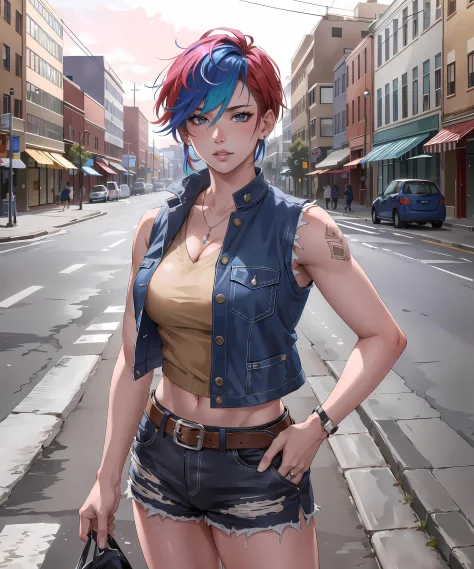 masterpiece, high quality, sharp focus, an american punk woman, rainbow-colored hair, wearing a vest and shorts, perfect face, p...