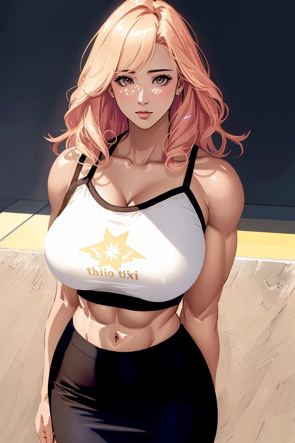 (text:1.2), vivid hair, pencil skirt, blouse, light rays, god rays, muscular, realistic, breasts