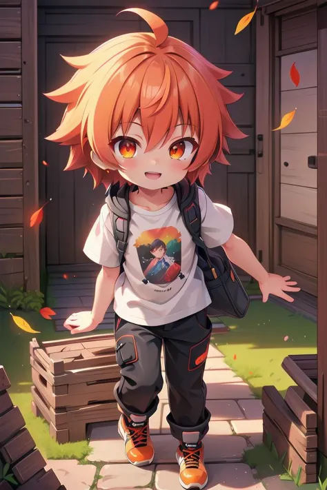 a girl with orange hair and a backpack walking down a path