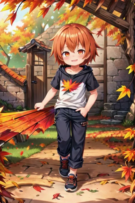 <lora:cutifiedanimecharacterdesign_variant_type_B_SD_v10:0.7>
one boy standing alone in a wooden village,  eyes are orange,  hair is short has orange color, wearing a t-shirt and black box pants, autumn leaves,
full body, looking at viewer, smile, male focus
The soft lighting and detailed surroundings create an immersive environment where imagination runs wild,
hyper-detailed, high quality visuals, dim Lighting, ultra-realistic, sharply focused, octane render, 8k UHD