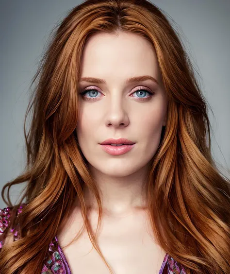 a close up of a woman with long red hair and blue eyes