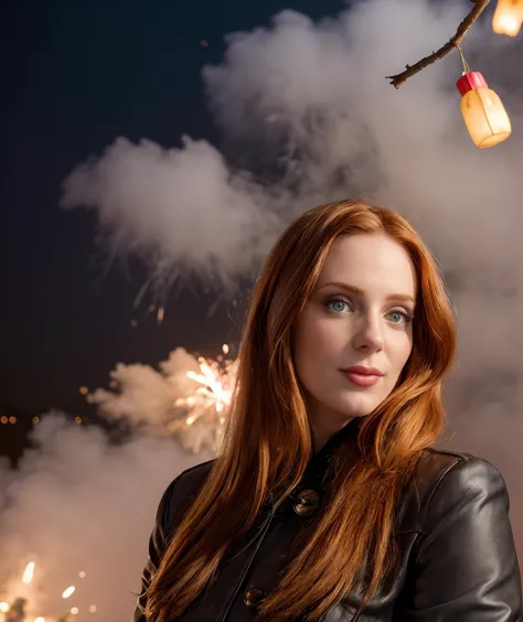 arafed woman in leather jacket standing in front of a tree with fireworks