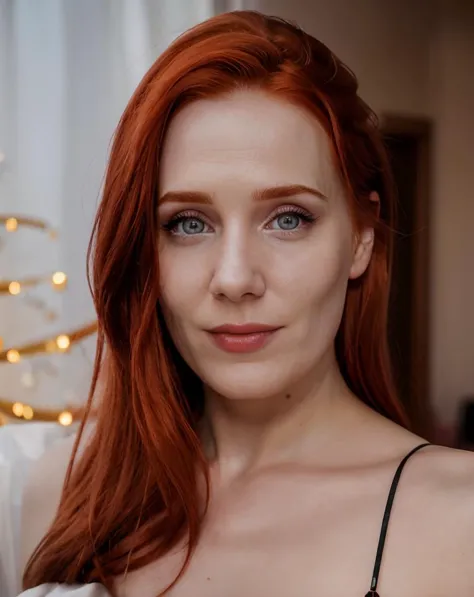 a close up of a woman with red hair and a black bra top