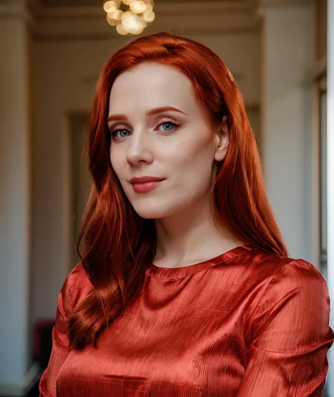 a close up of a woman with red hair and a red dress