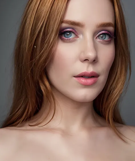 a close up of a woman with red hair and blue eyes