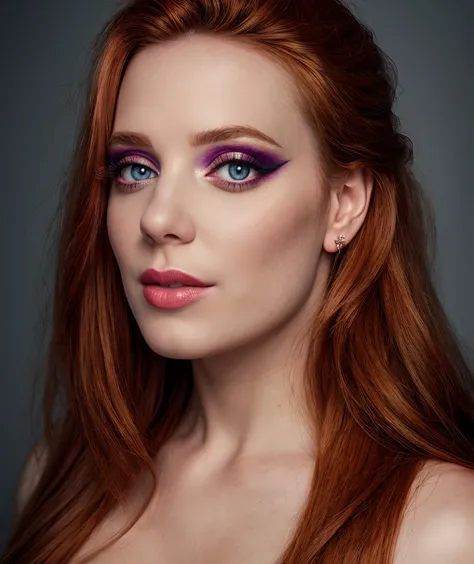 a woman with red hair and purple eyes posing for a picture