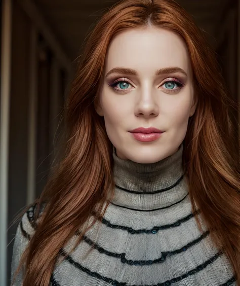 a close up of a woman with long red hair and a turtle neck sweater