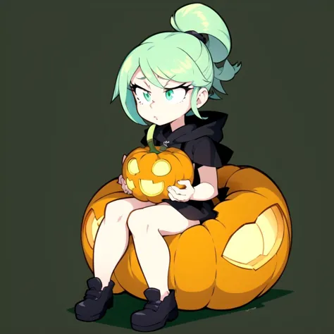 anime girl sitting on a pumpkin with a green hair