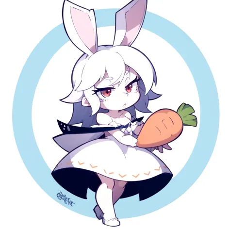 full body, chibi, 1girl, giant carrot , rabbit ears, white hair , red eyes,white dress
 <lora:CrispyChipsStyle:0.8>