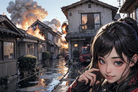 anime girl in a street with a fire in the background