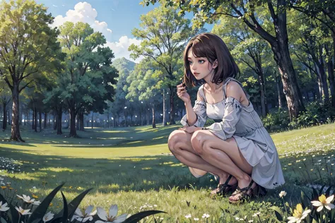 anime girl kneeling in the grass with a flower in her hand