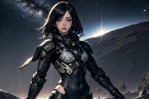 masterpiece, best quality, 1girl, black_hair, hair_over_one_eye, medium_hair, character_showcase, simple_background, spatial_suit, standing, hud, standing still, information_bubbles, from front, galaxy_sky, stars, mars, unknown_landscape, spatial_structure, dark, (high_detailed), beautiful_lighting, comet, dry_land,