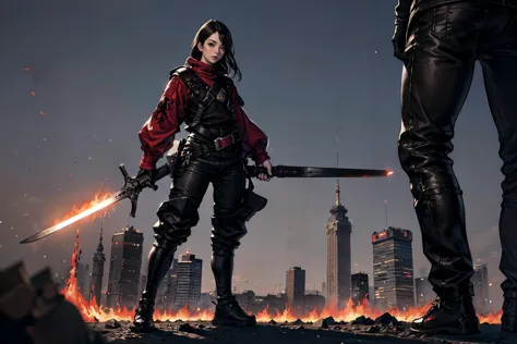 a woman holding a sword standing next to a man in a city