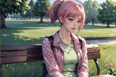 anime girl sitting on a bench in a park with a pink ponytail