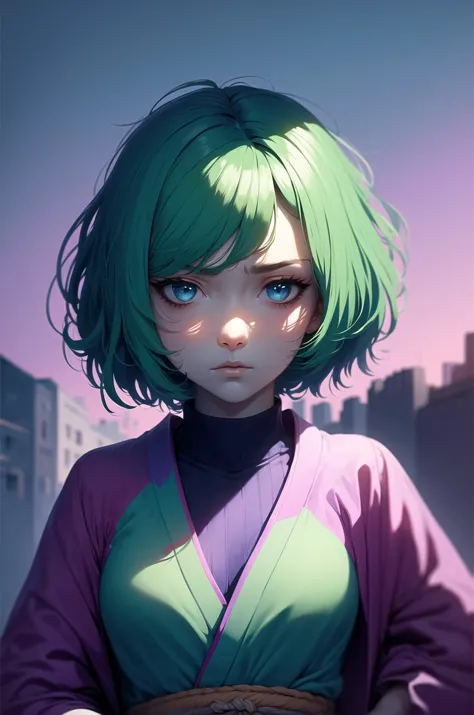 a close up of a person with green hair and a purple shirt